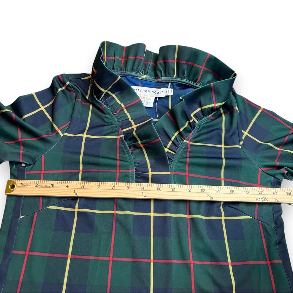 NWT Gretchen Scott Plaidly Cooper Ruffle Neck Dress Womens M Green Plaid Preppy